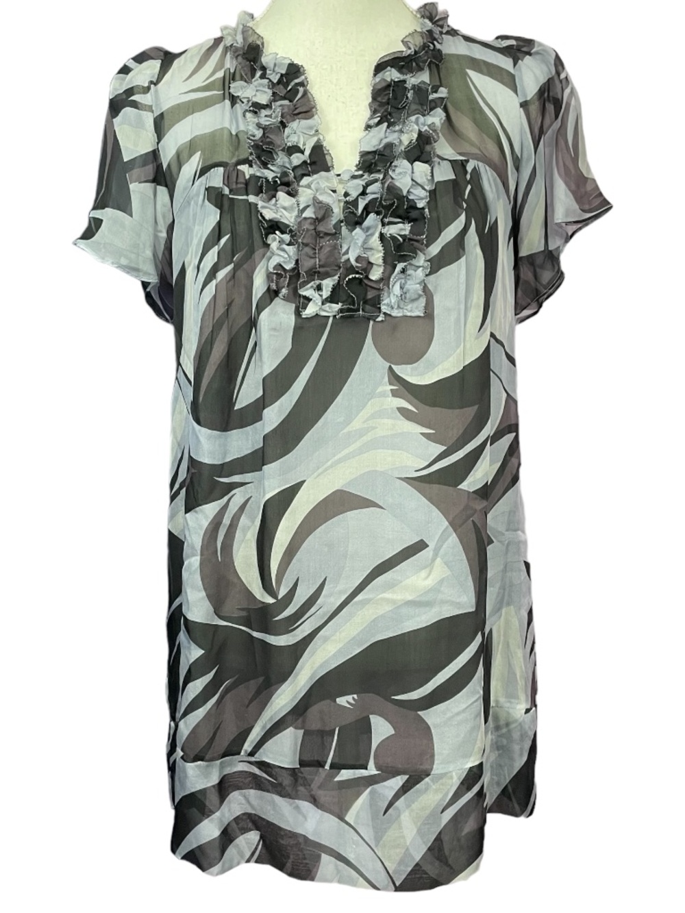 100% Silk Ruffle Tunic Top M Blouse Gray Abstract Swirl Frilly Henley Button